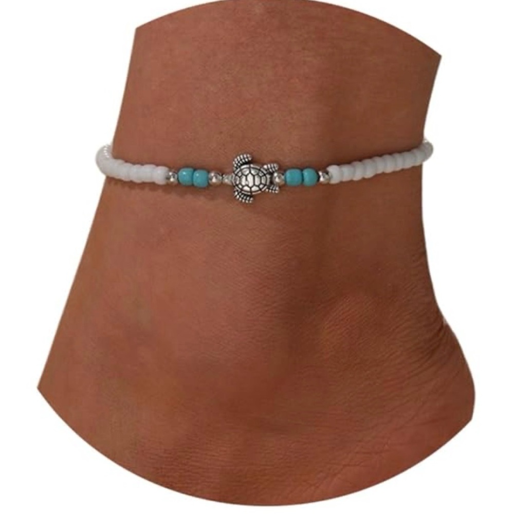 Boho turquoise seeded white Turtle Anklet Beaded Anklet  Foot Jewelry